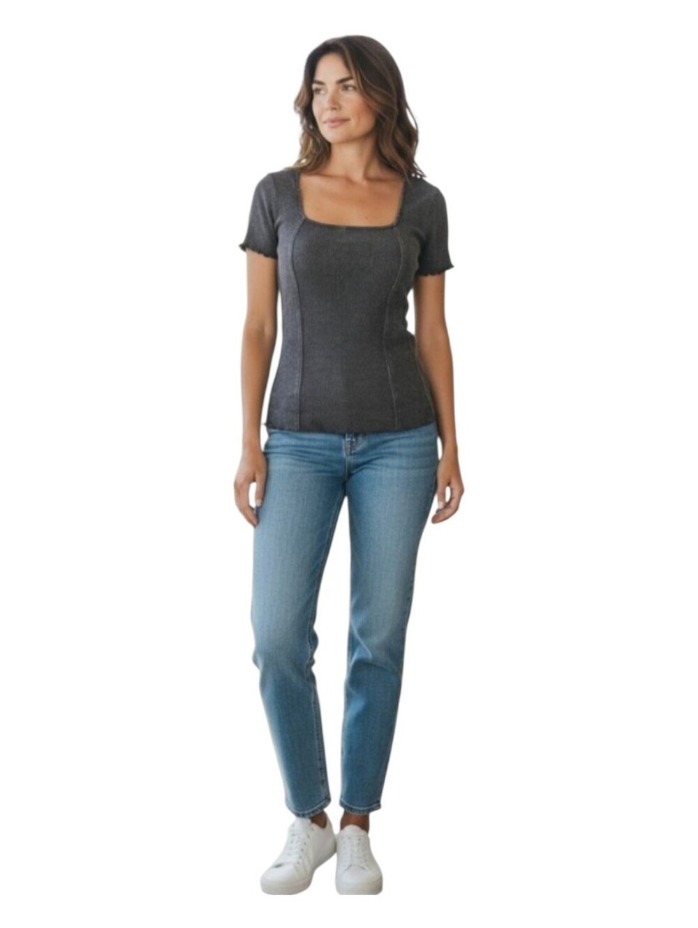 Square Neck Ribbed Short Sleeve Top - Black